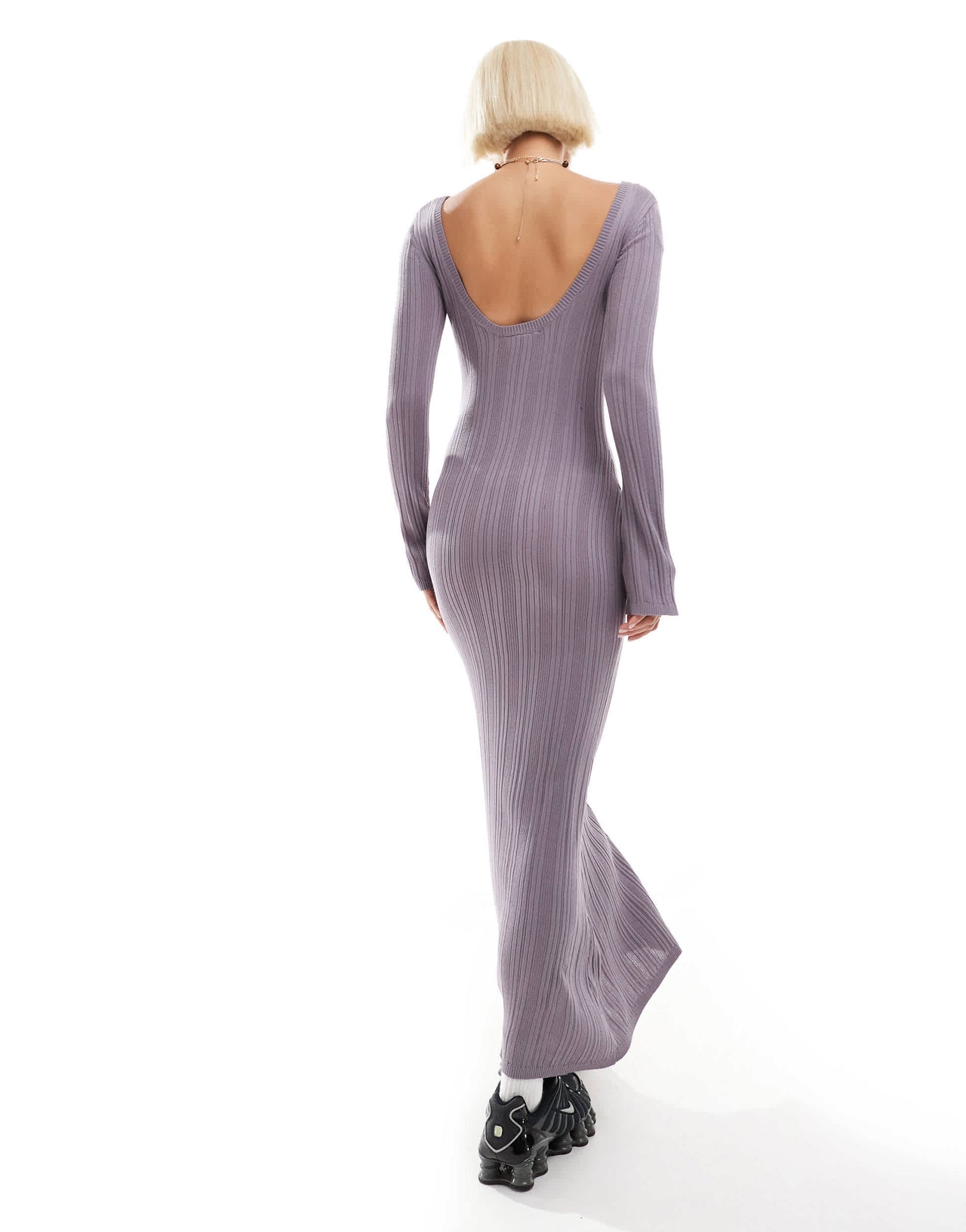 Monki long sleeve knitted slim fit maxi dress in lilac