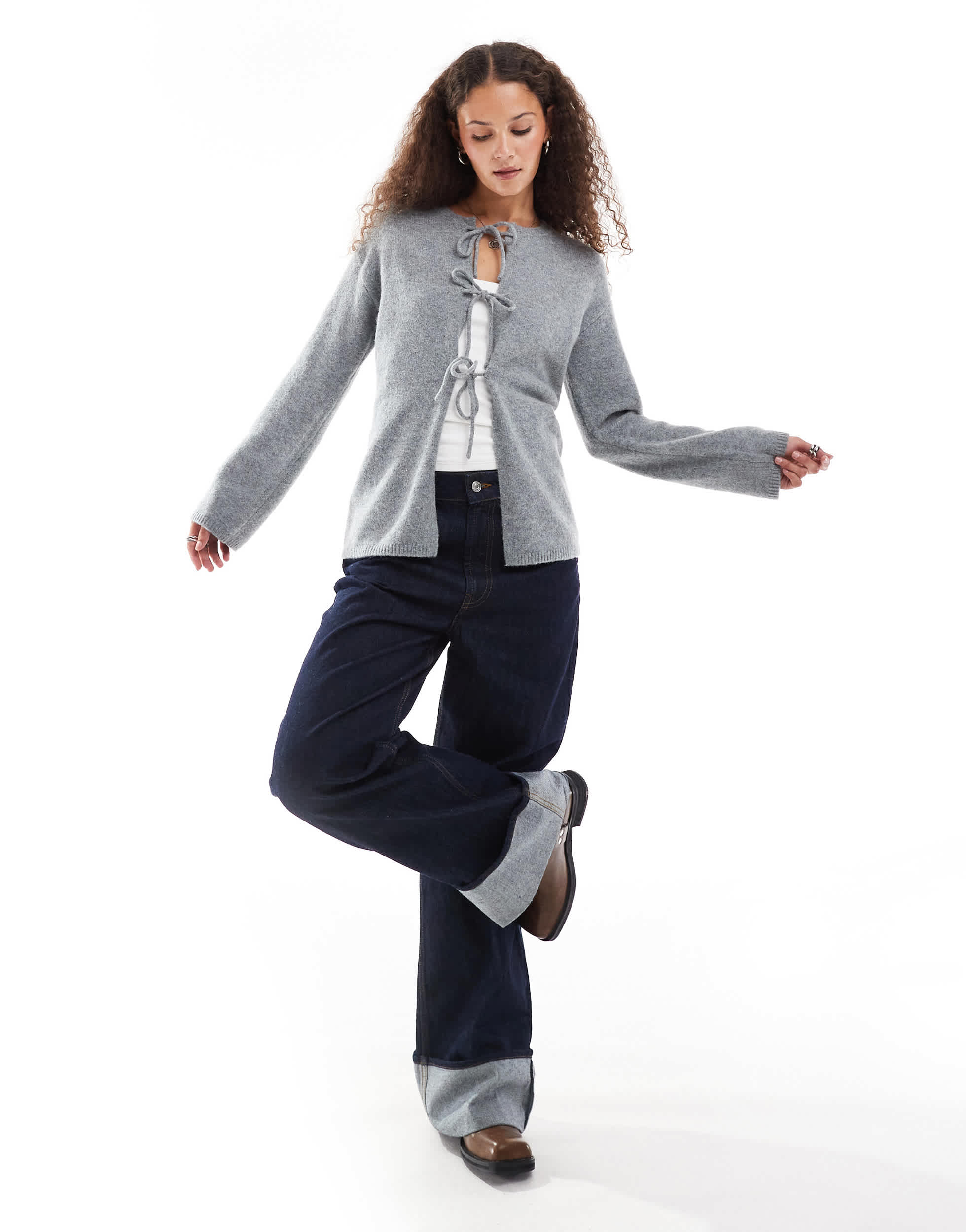 Monki knit bow tie up cardigan in grey melange