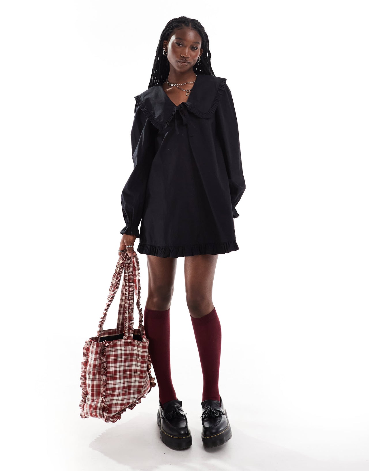 Monki mini dress with tie collar and frill hem in black