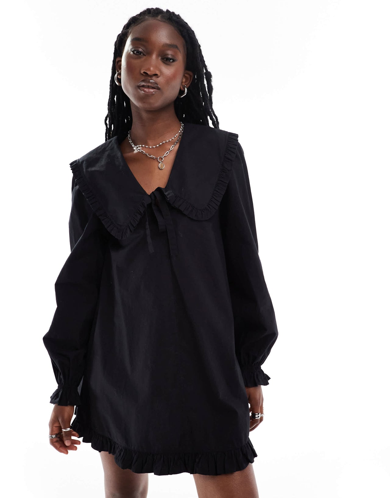 Monki mini dress with tie collar and frill hem in black