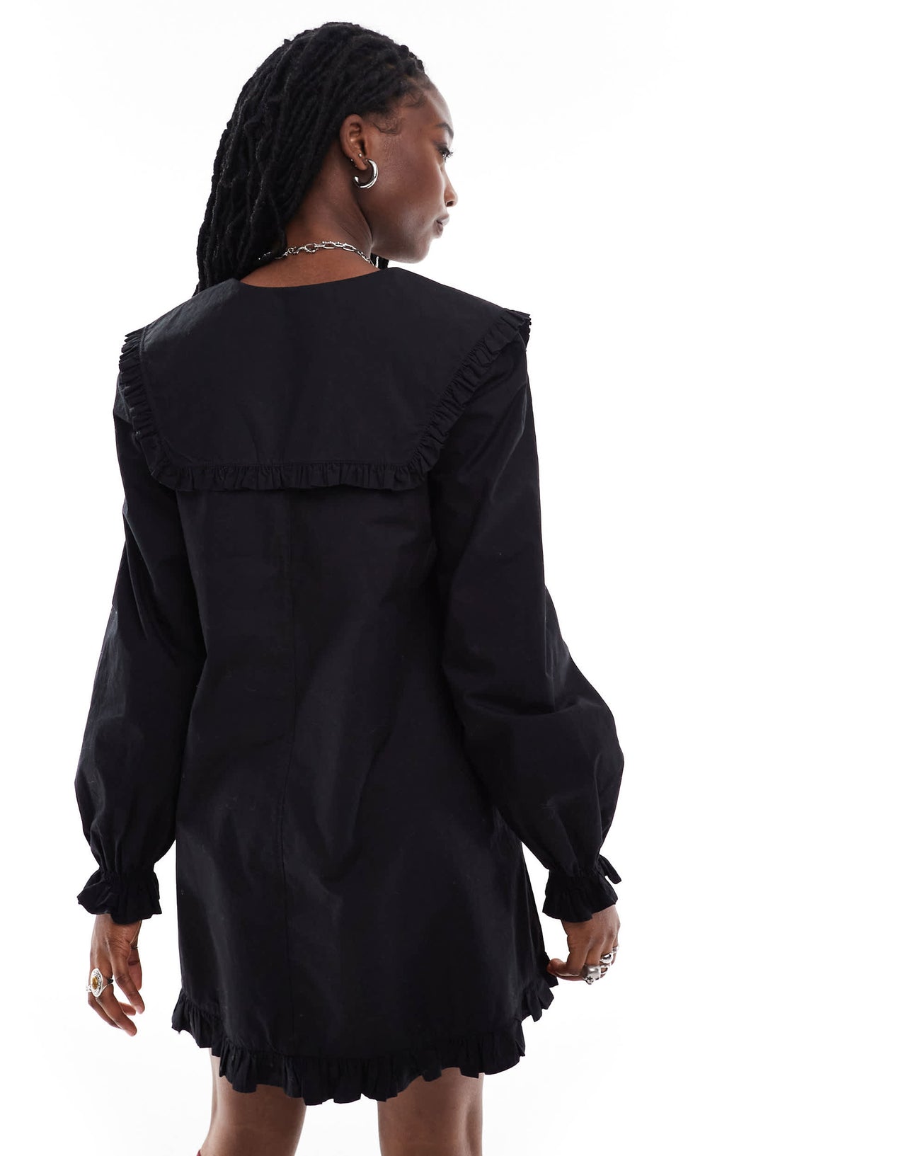 Monki mini dress with tie collar and frill hem in black