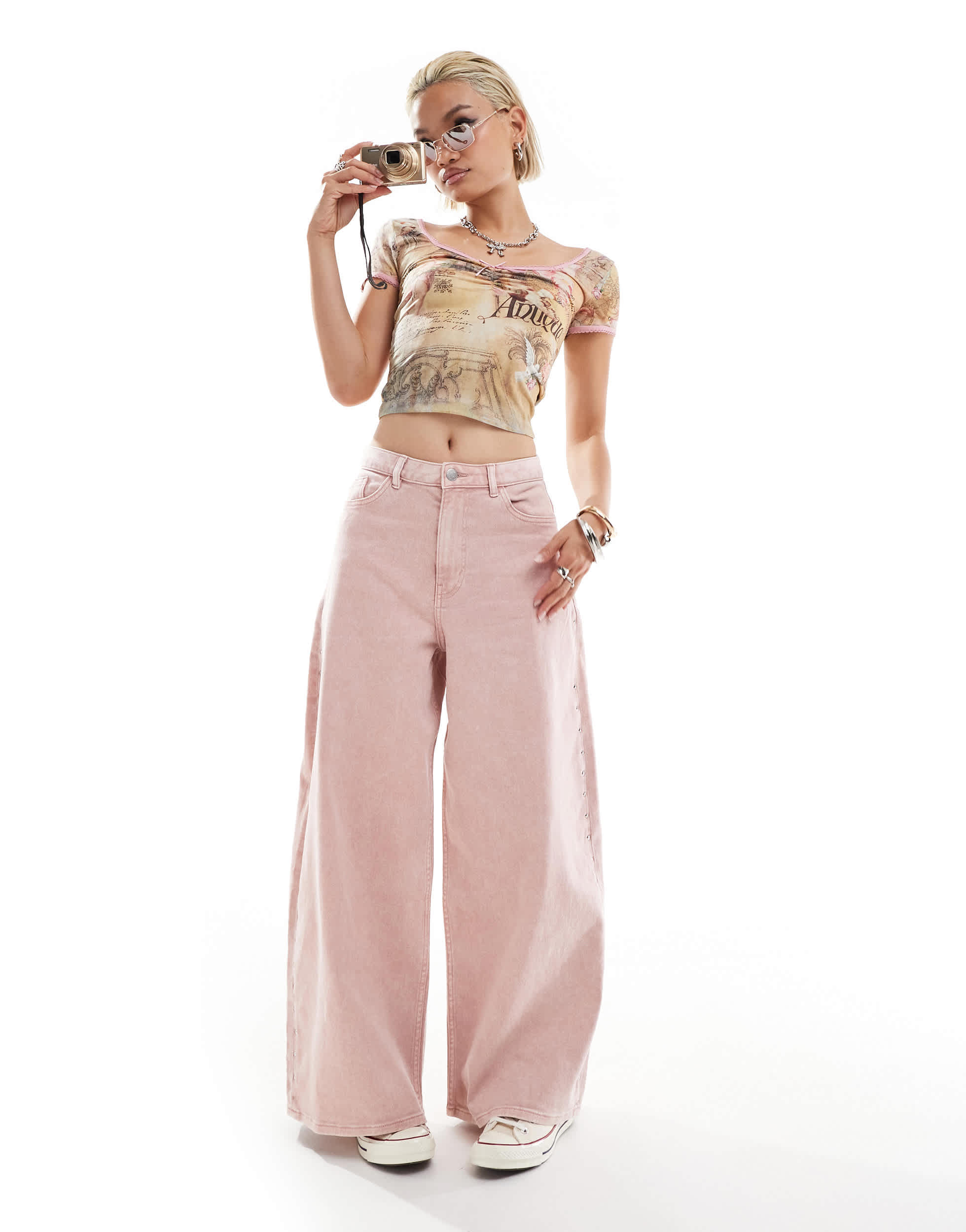 Monki stud flare trousers in pink