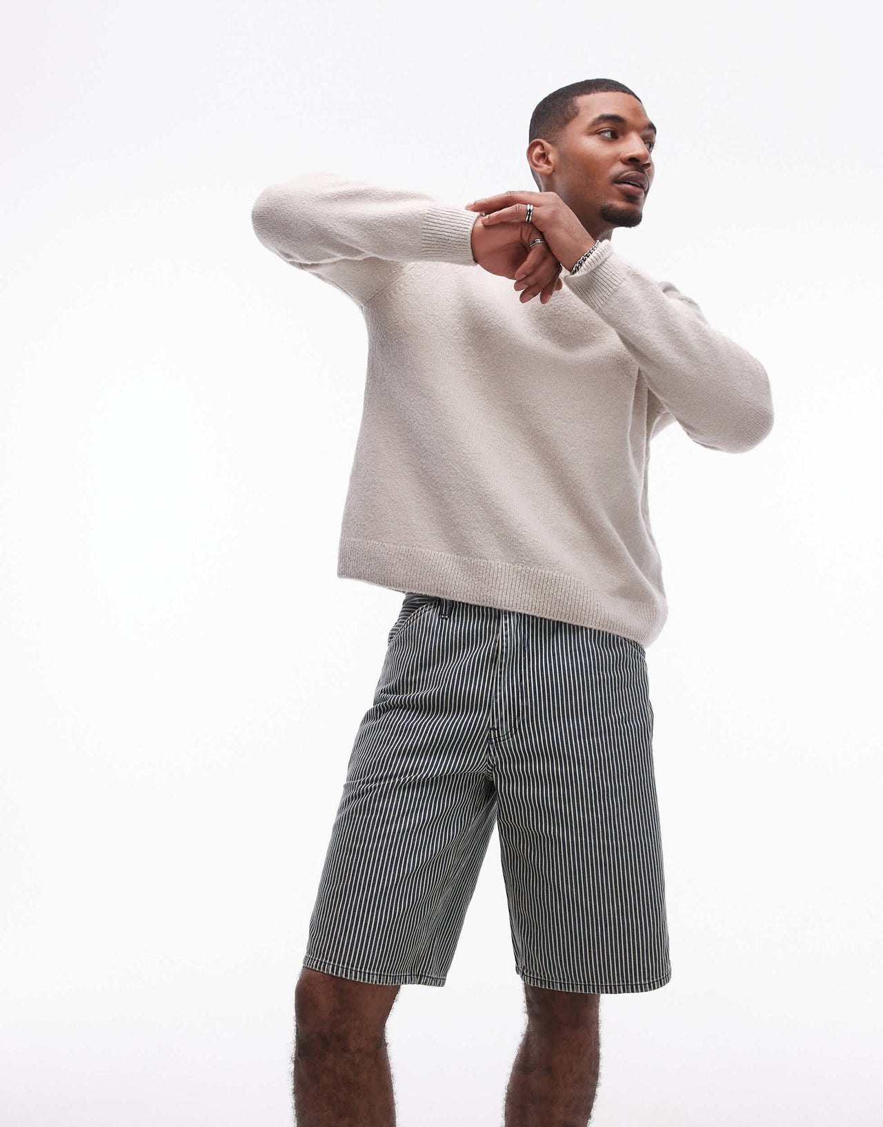 Levi's Workwear capsule 568 loose railroad stripe denim carpenter shorts in mid blue