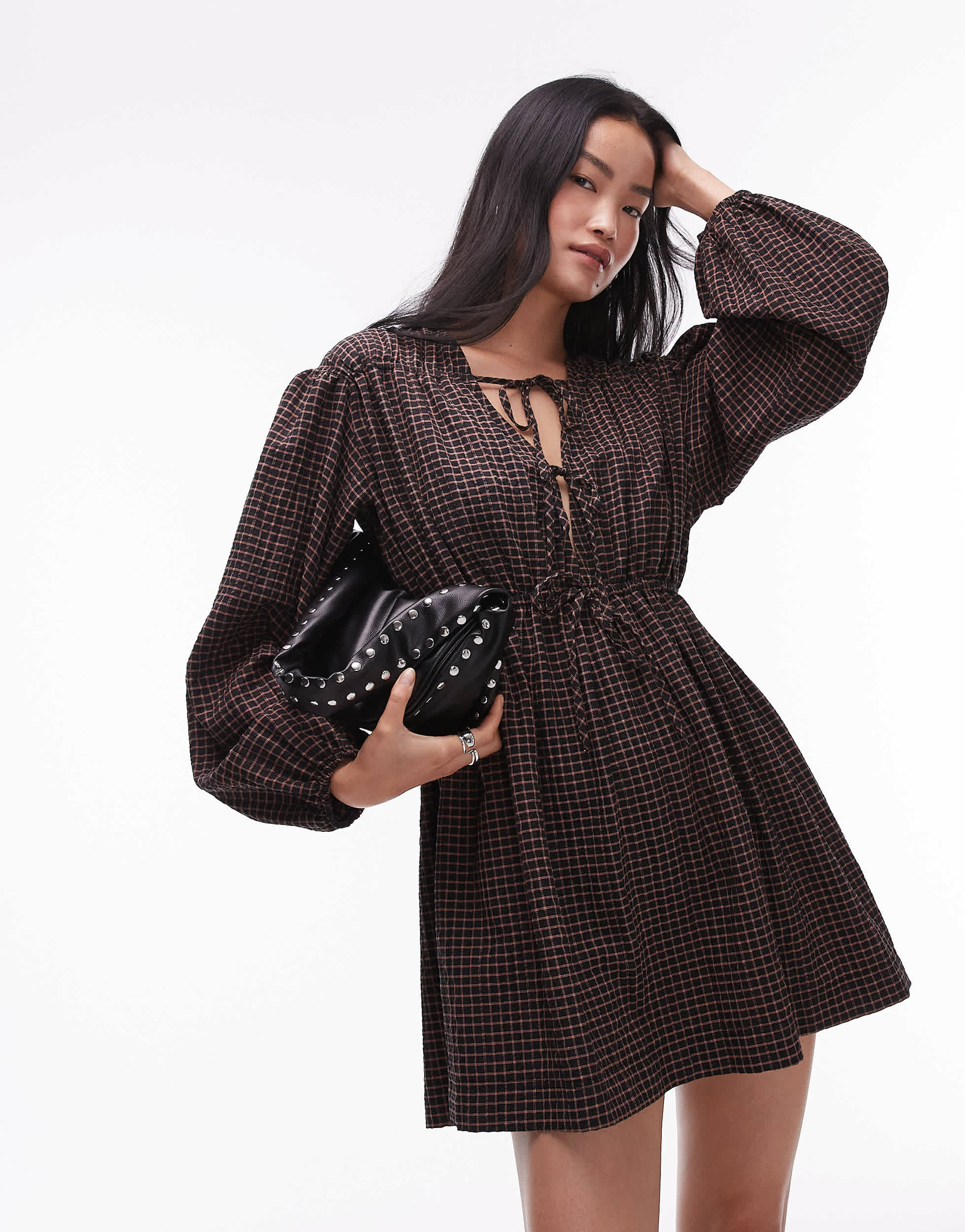 Topshop gathered bust mini dress in check