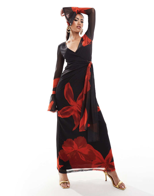 ASOS DESIGN long sleeve wrap mesh midi dress with frill sleeve in black floral print
