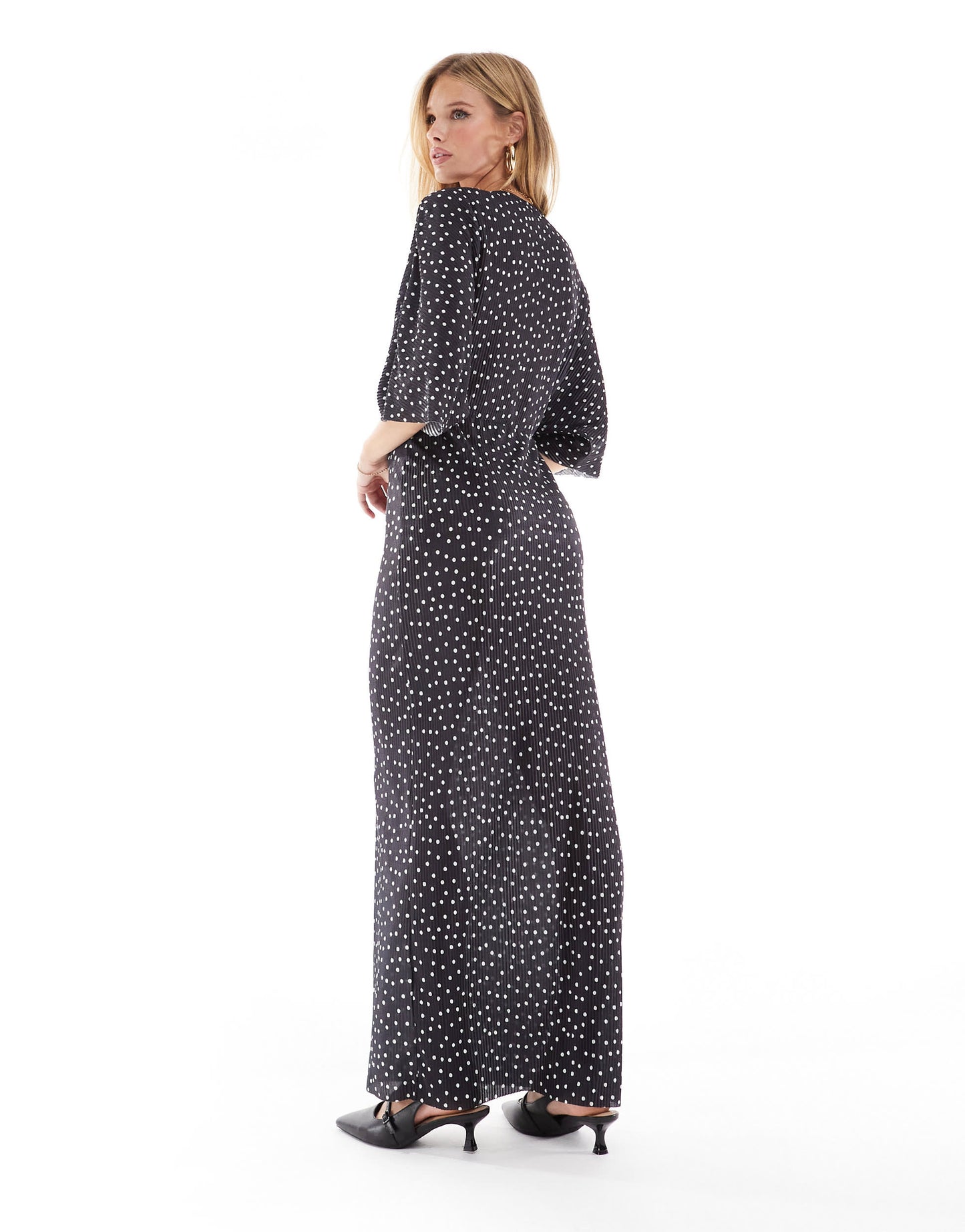 ASOS DESIGN plisse v-neck midi dress with batwing sleeve in polka dot print