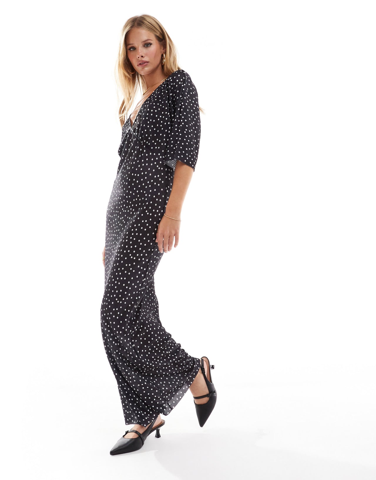 ASOS DESIGN plisse v-neck midi dress with batwing sleeve in polka dot print