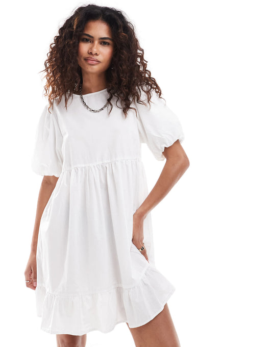 Monki short sleeve smock mini dress in white