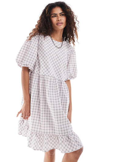 Monki short sleeve smock mini dress in pink check
