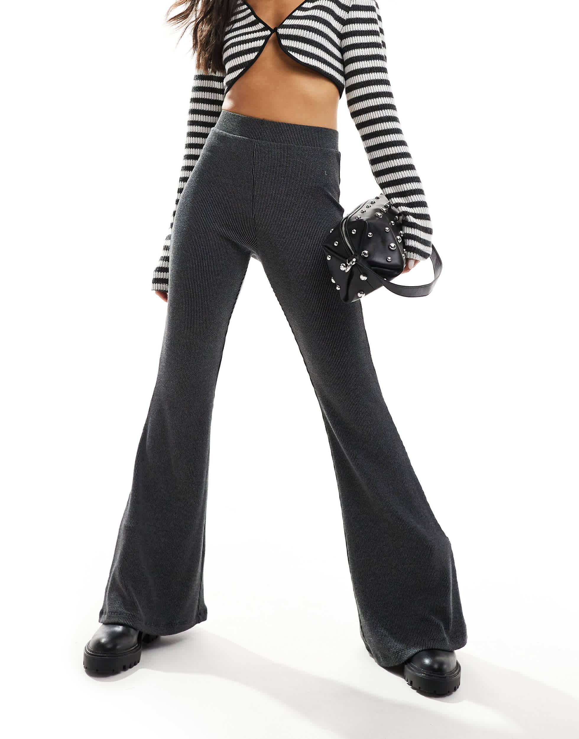 Monki two-tone rib jersey flare leg trousers in black