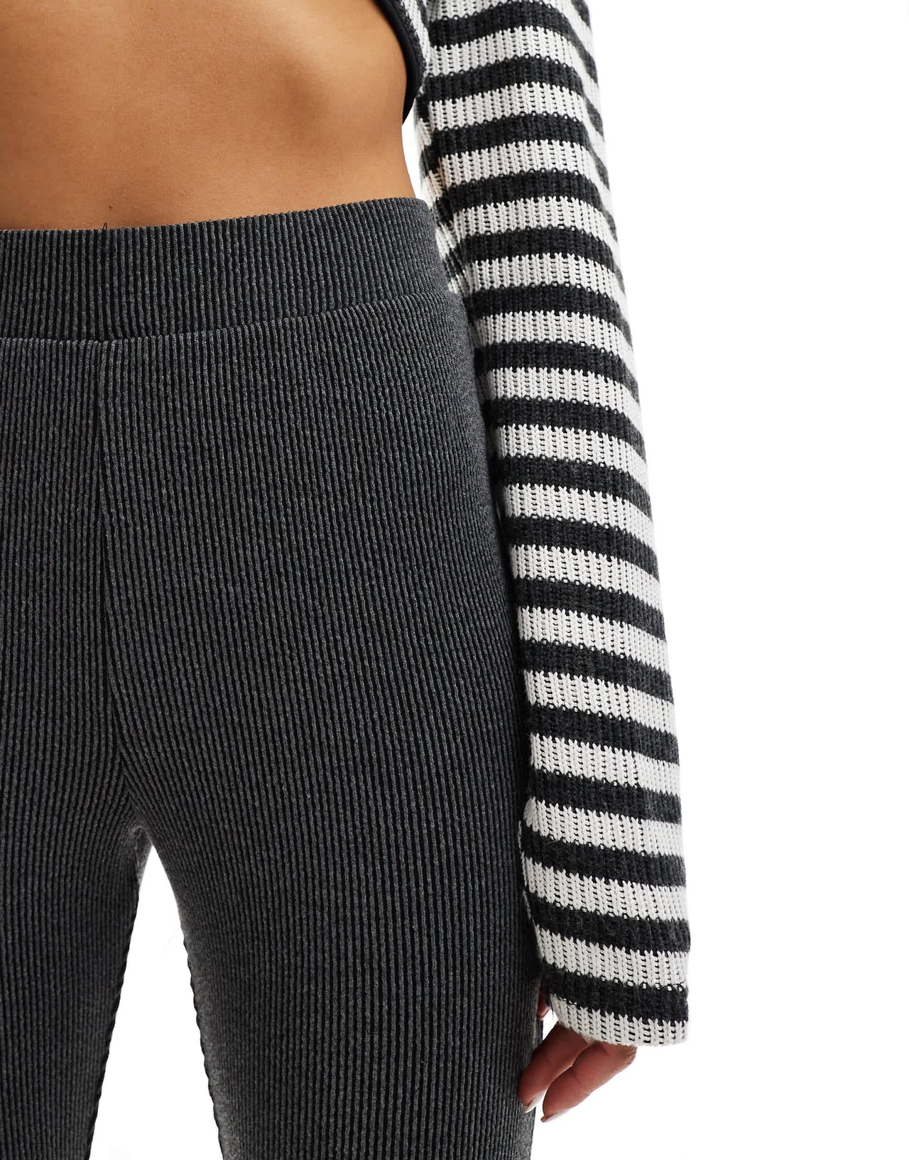 Monki two-tone rib jersey flare leg trousers in black