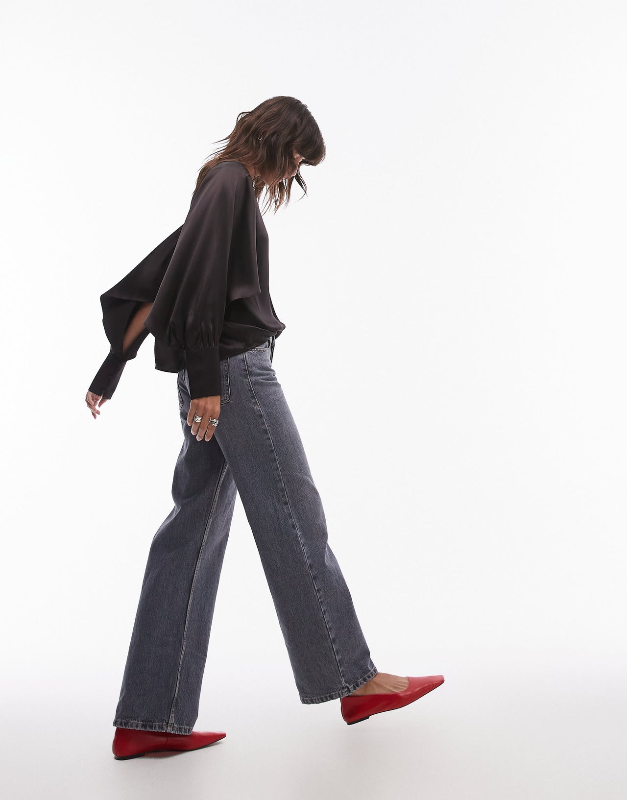 & Other Stories drape detail blouse with volume sleeves in dark brown