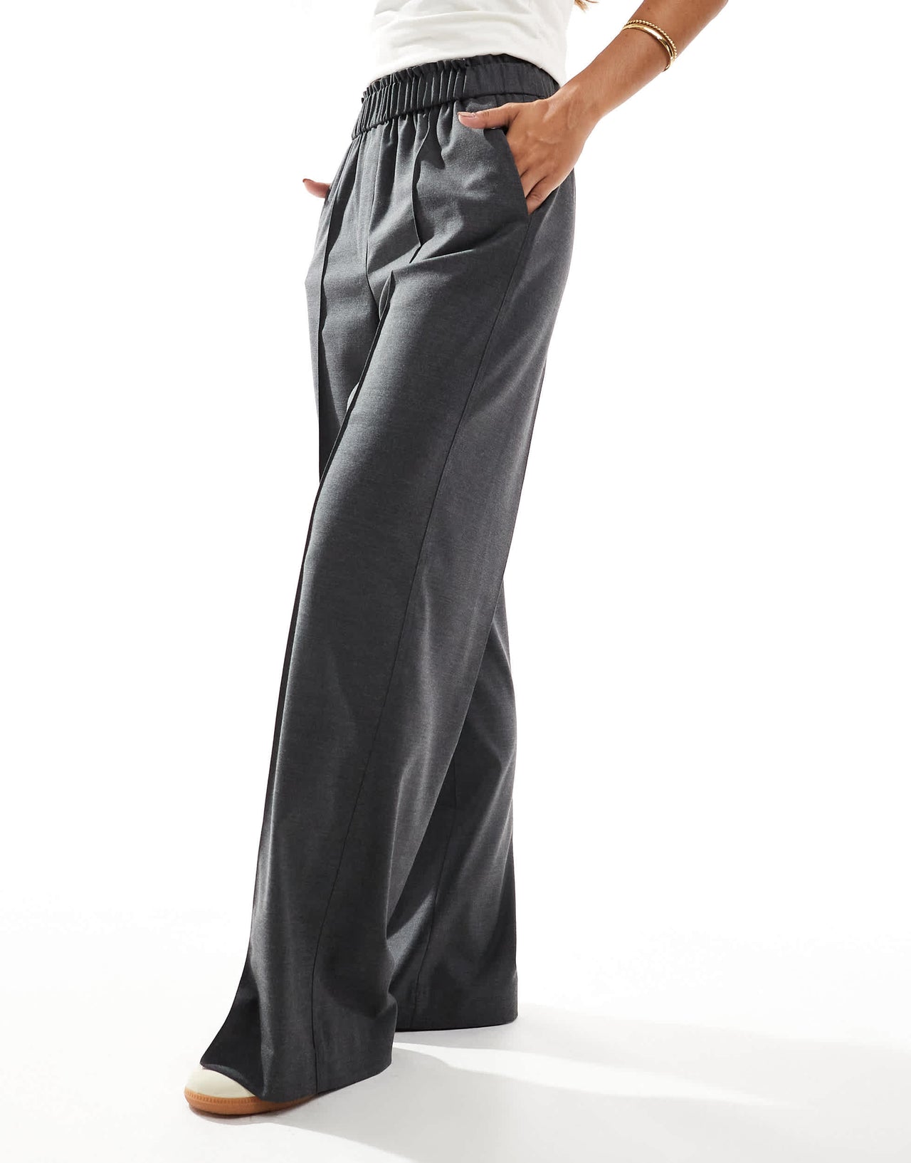 & Other Stories wool blend wide leg drape trousers with ruched waistband in grey melange