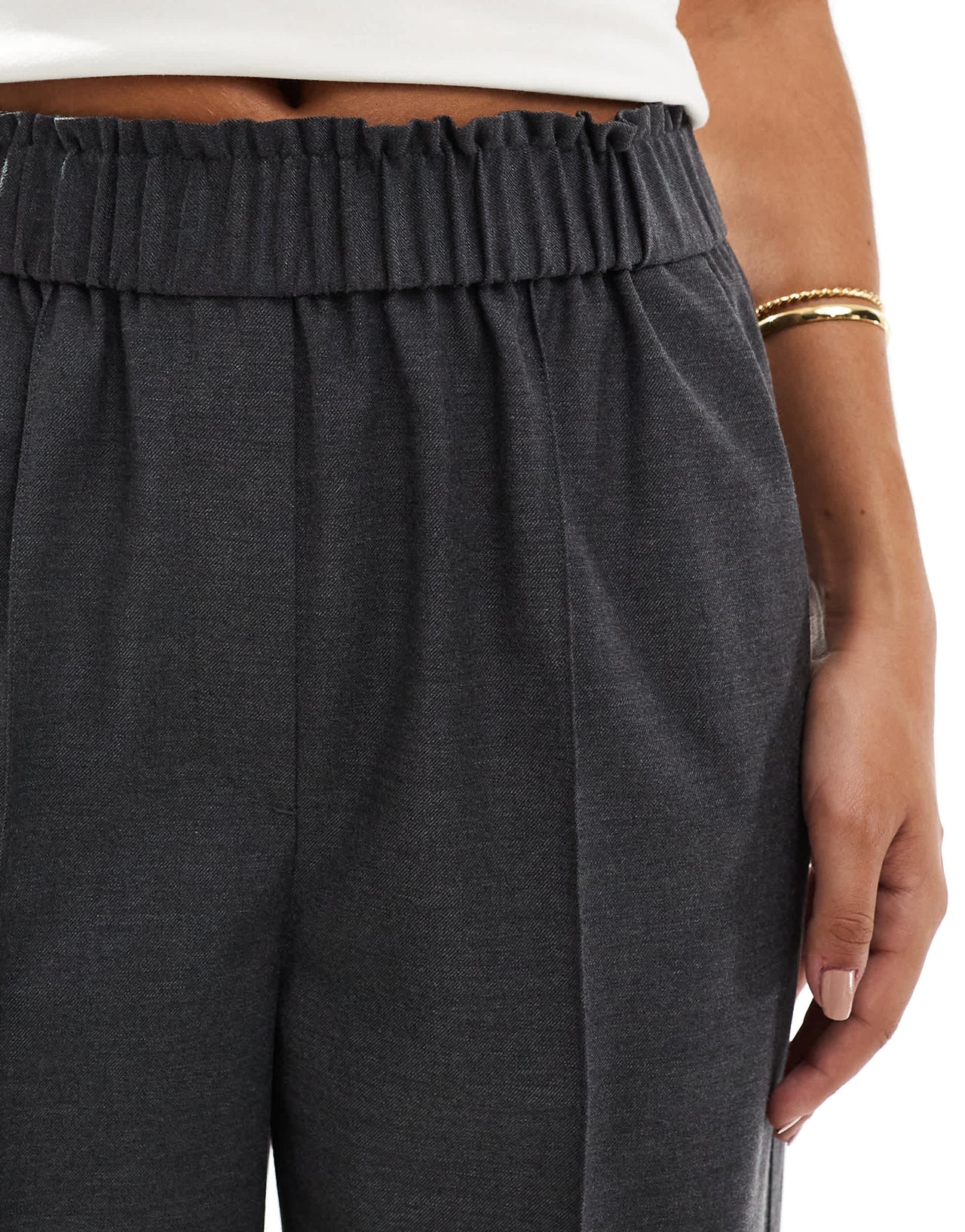 & Other Stories wool blend wide leg drape trousers with ruched waistband in grey melange