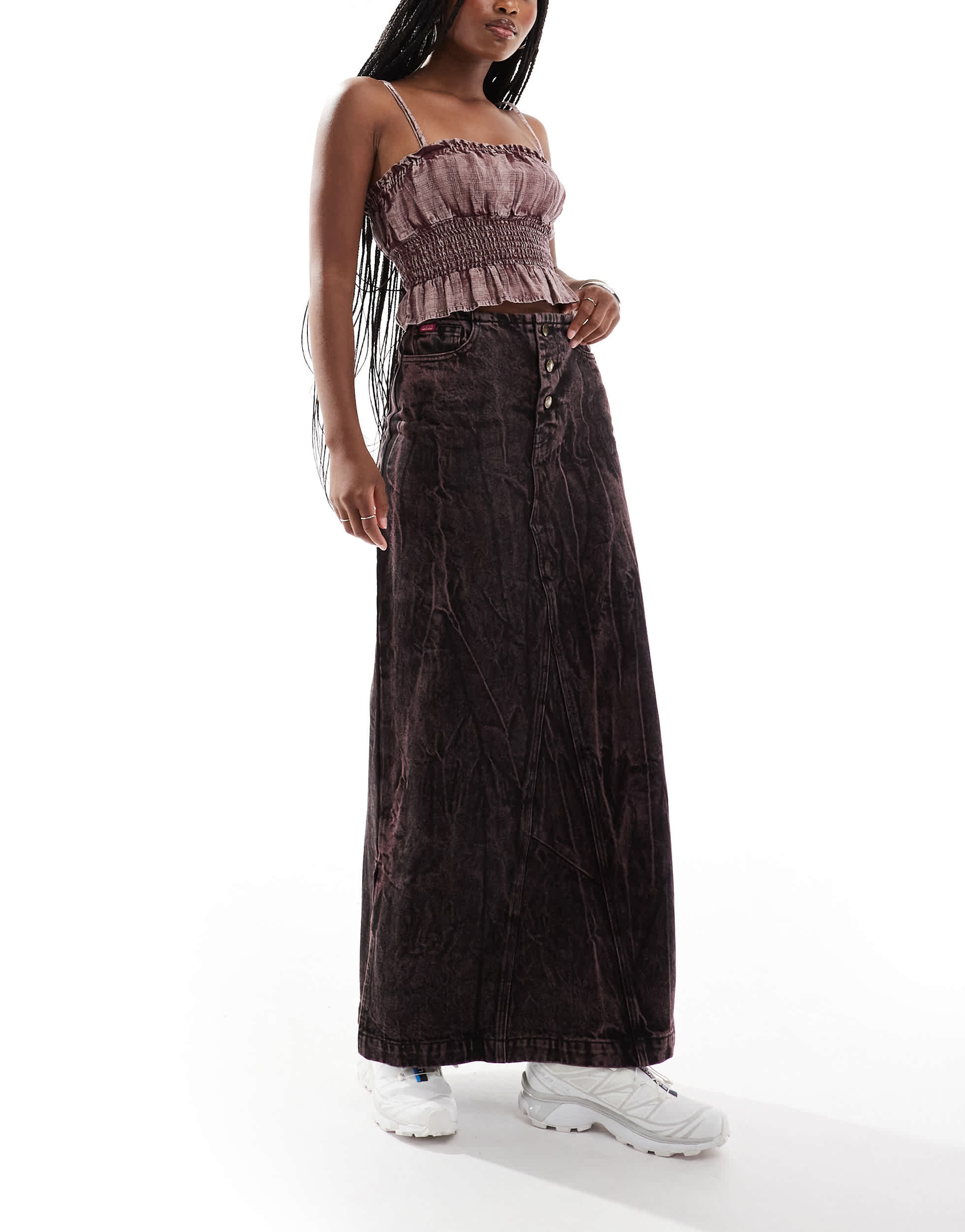 Deus Ex Machina X ASOS exclusive acid wash denim maxi skirt in brown