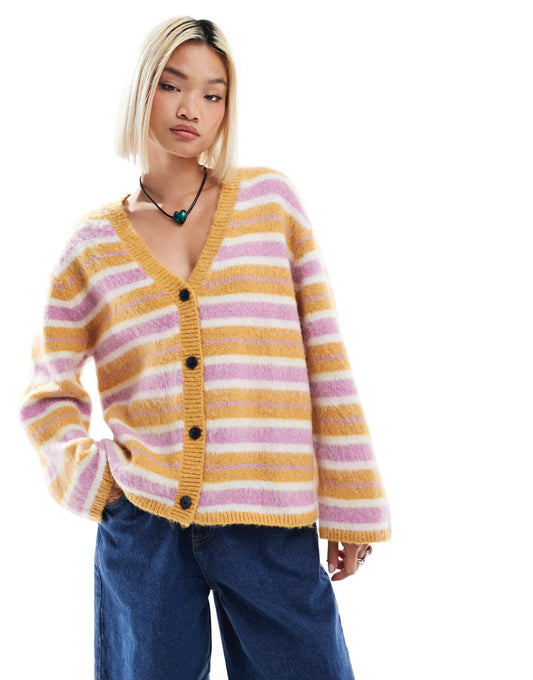 Monki fluffy yarn knitted cardigan with v neck in pink and beige  stripe