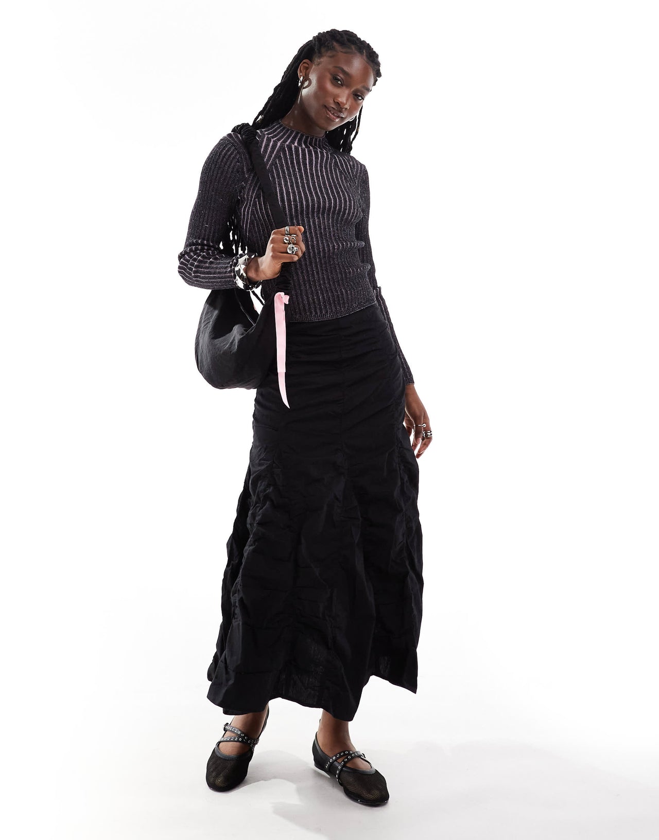 Monki long sleeve knitted two tone top in black and pink