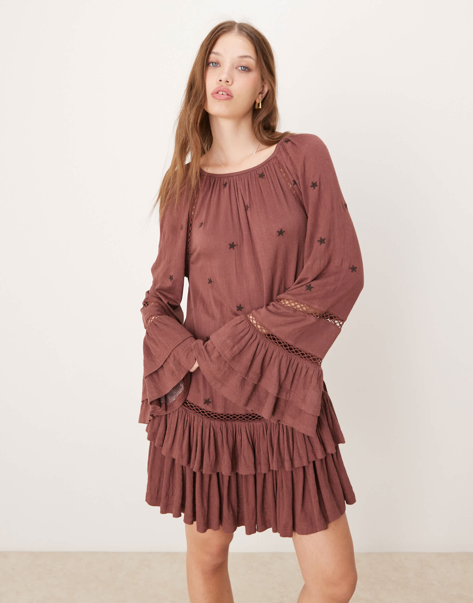 ASOS DESIGN ruffle smock crinkle mini dress with tiered sleeve and star embroidery in burgundy