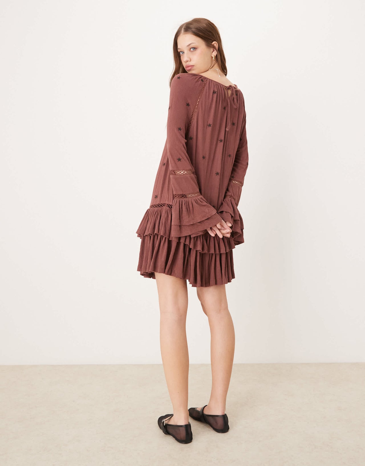 ASOS DESIGN ruffle smock crinkle mini dress with tiered sleeve and star embroidery in burgundy