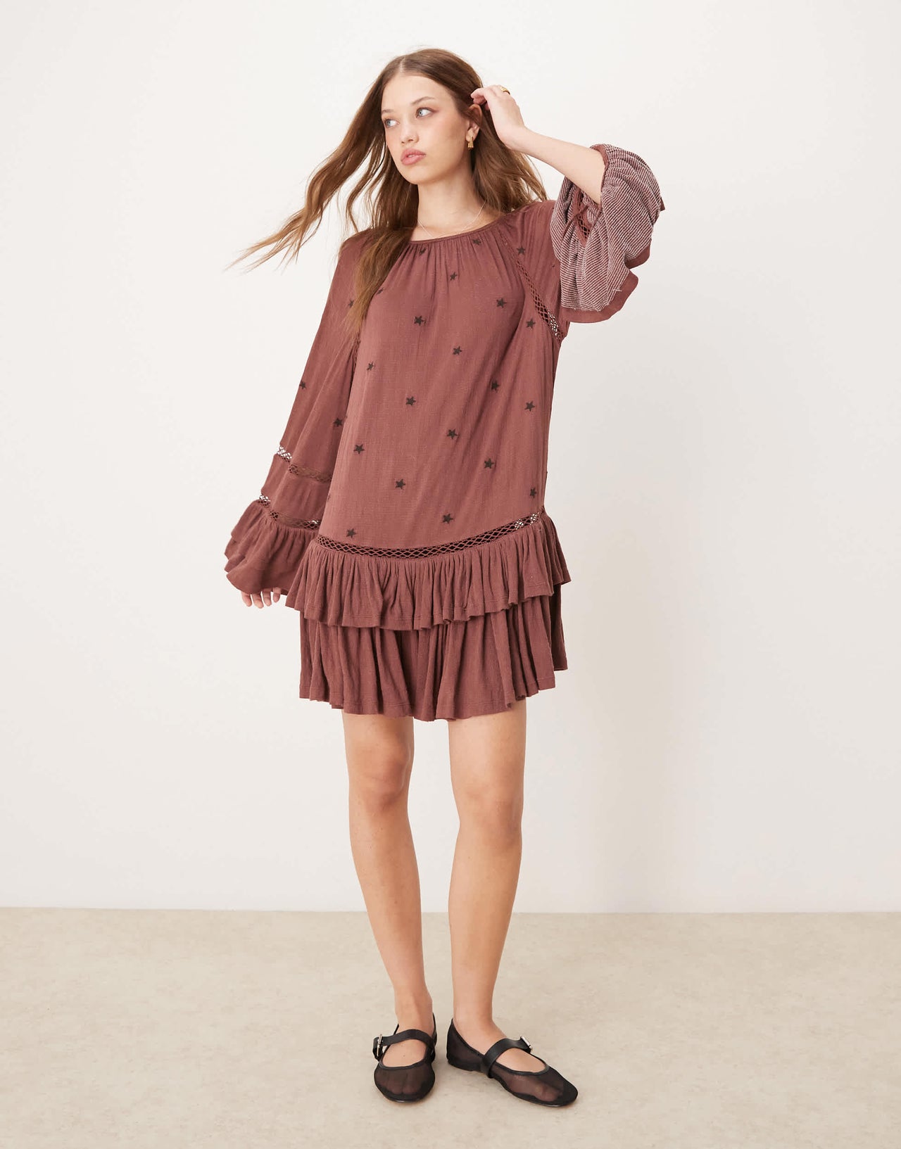 ASOS DESIGN ruffle smock crinkle mini dress with tiered sleeve and star embroidery in burgundy