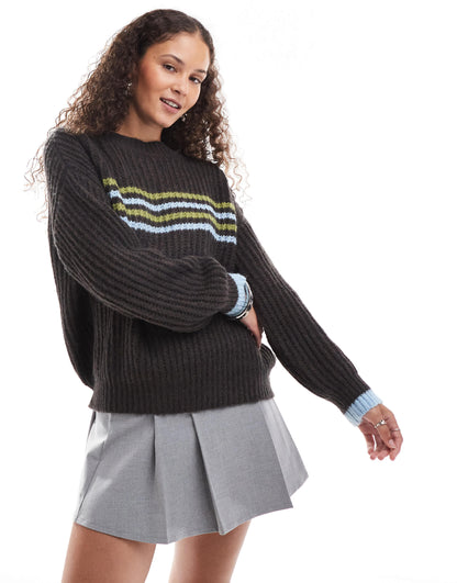 Motel lamees striped chunky knit round neck jumper in brown