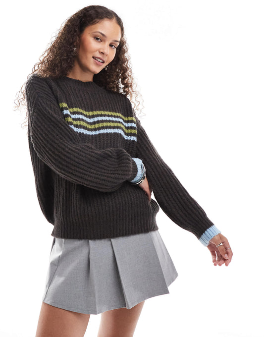 Motel lamees striped chunky knit round neck jumper in brown