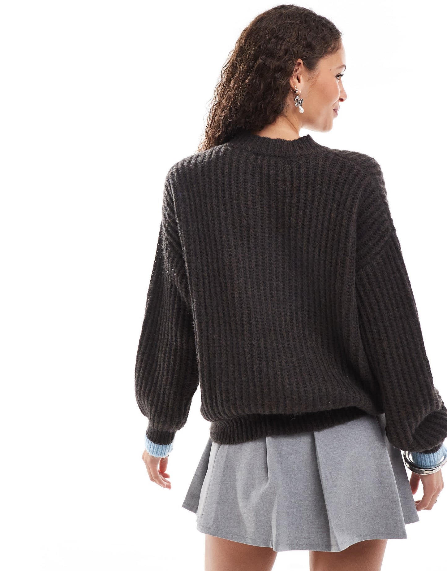 Motel lamees striped chunky knit round neck jumper in brown