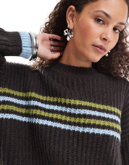 Motel lamees striped chunky knit round neck jumper in brown