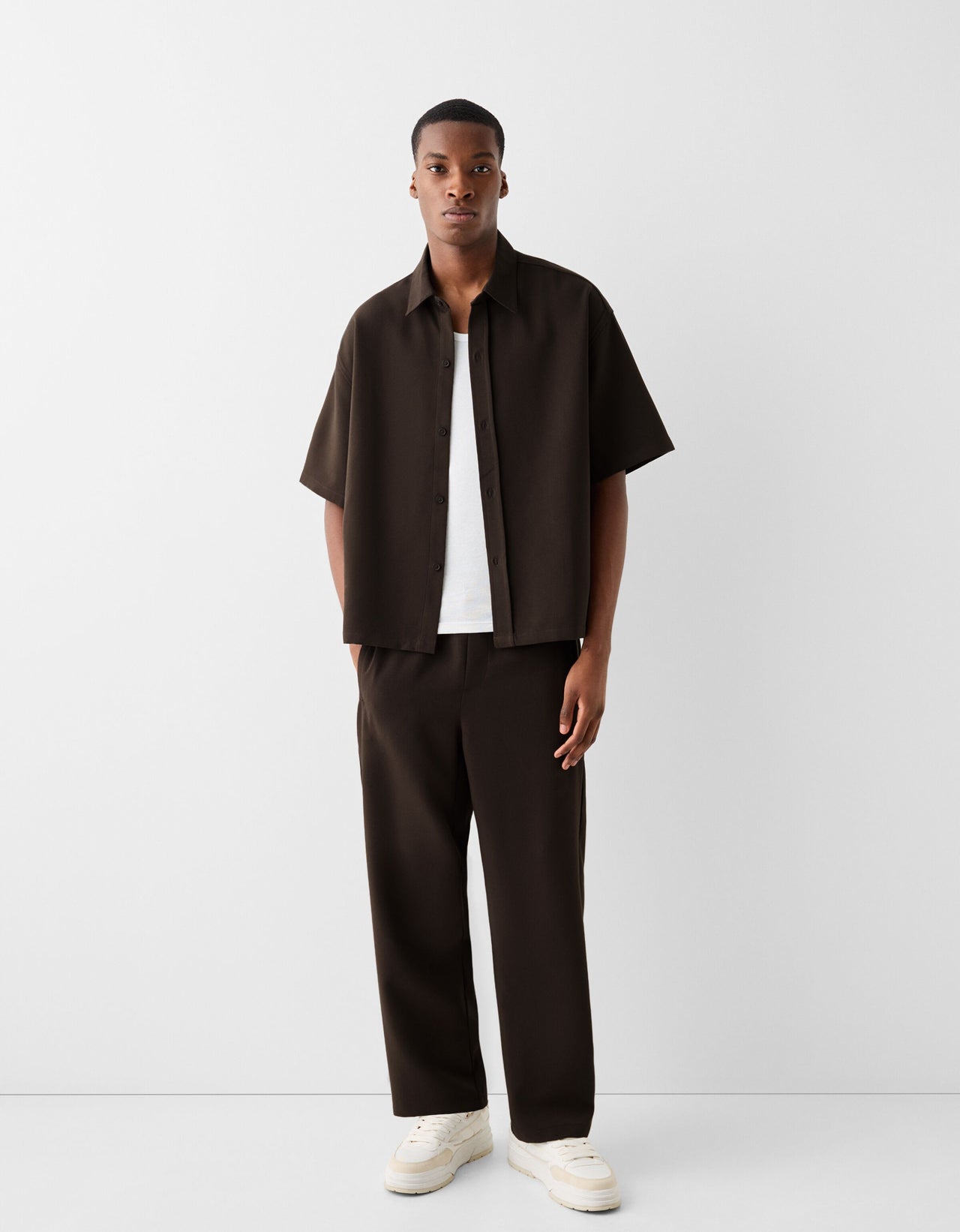 Bershka wide leg tailored trouser in brown