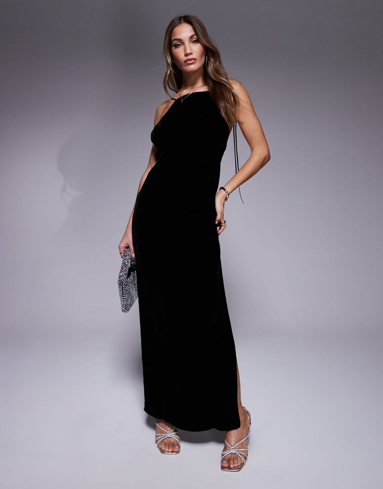 ASOS DESIGN square neck velvet maxi dress with tie detail in black