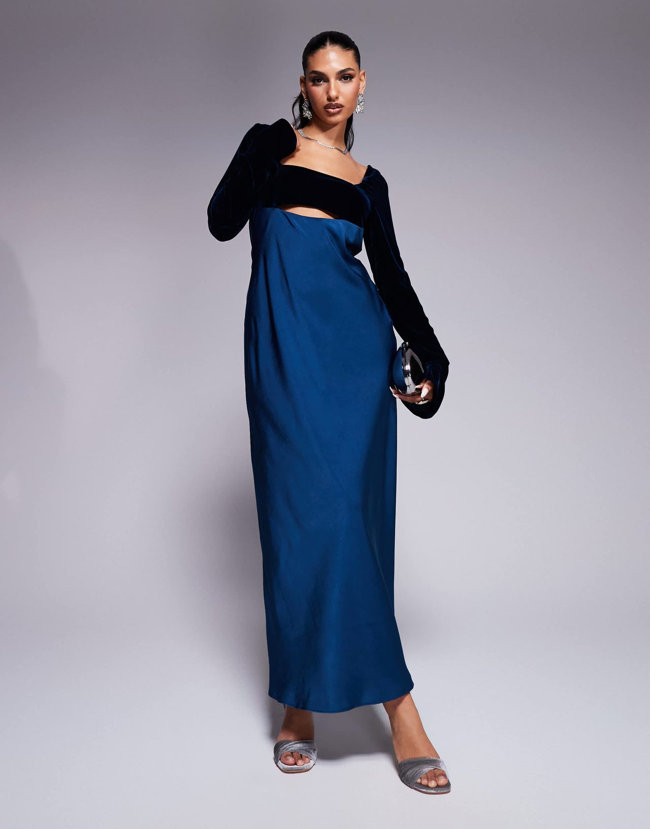ASOS DESIGN square neck velvet satin mix midaxi dress with cut out in blue