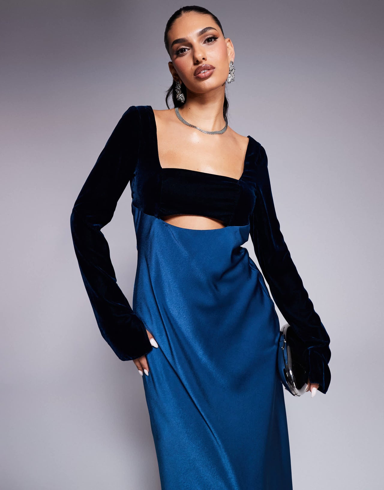 ASOS DESIGN square neck velvet satin mix midaxi dress with cut out in blue