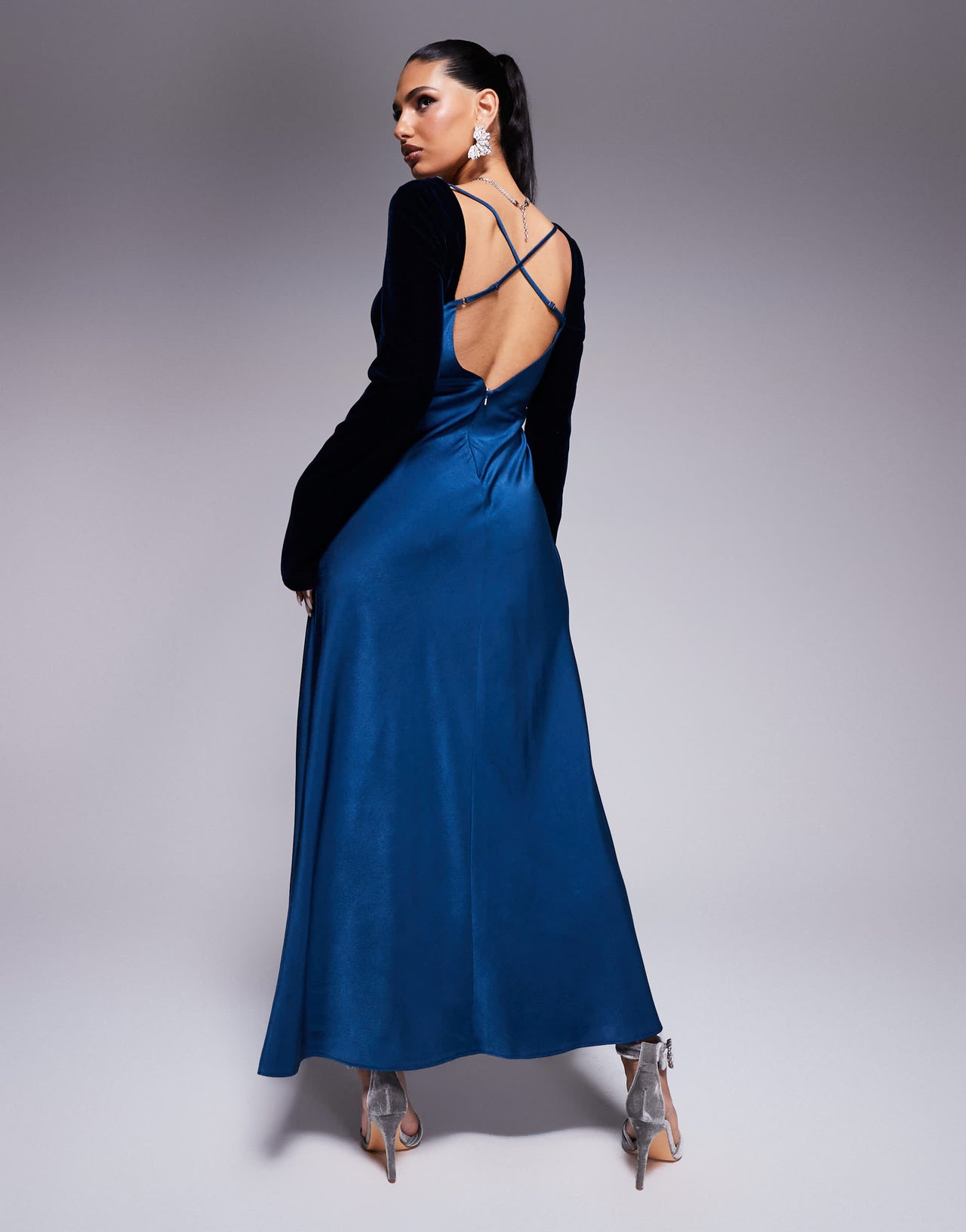 ASOS DESIGN square neck velvet satin mix midaxi dress with cut out in blue