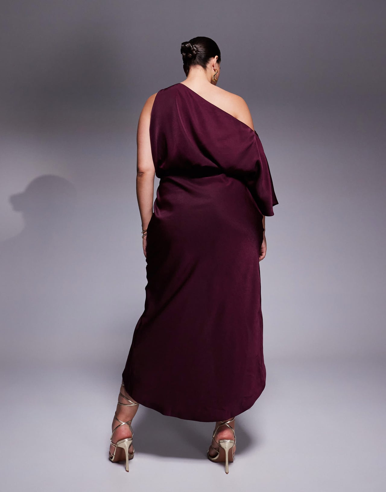 ASOS DESIGN Curve satin fallen shoulder midi dress with wrap skirt in burgundy