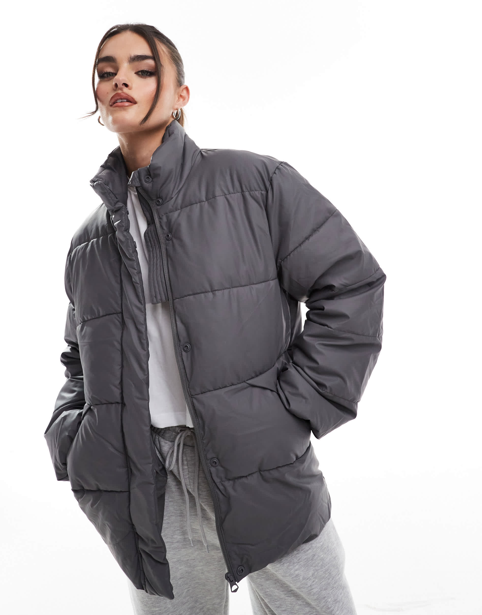 Pieces padded puffer coat with high neck in grey
