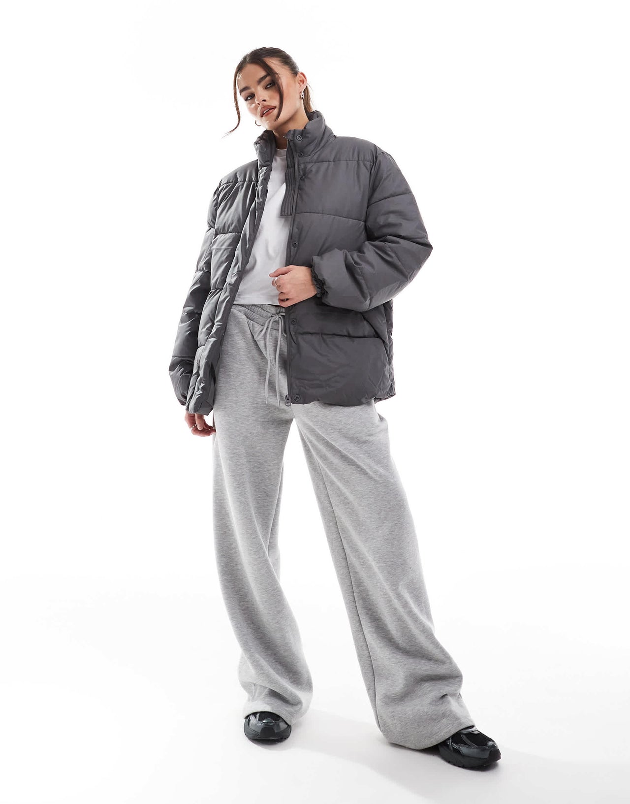 Pieces padded puffer coat with high neck in grey