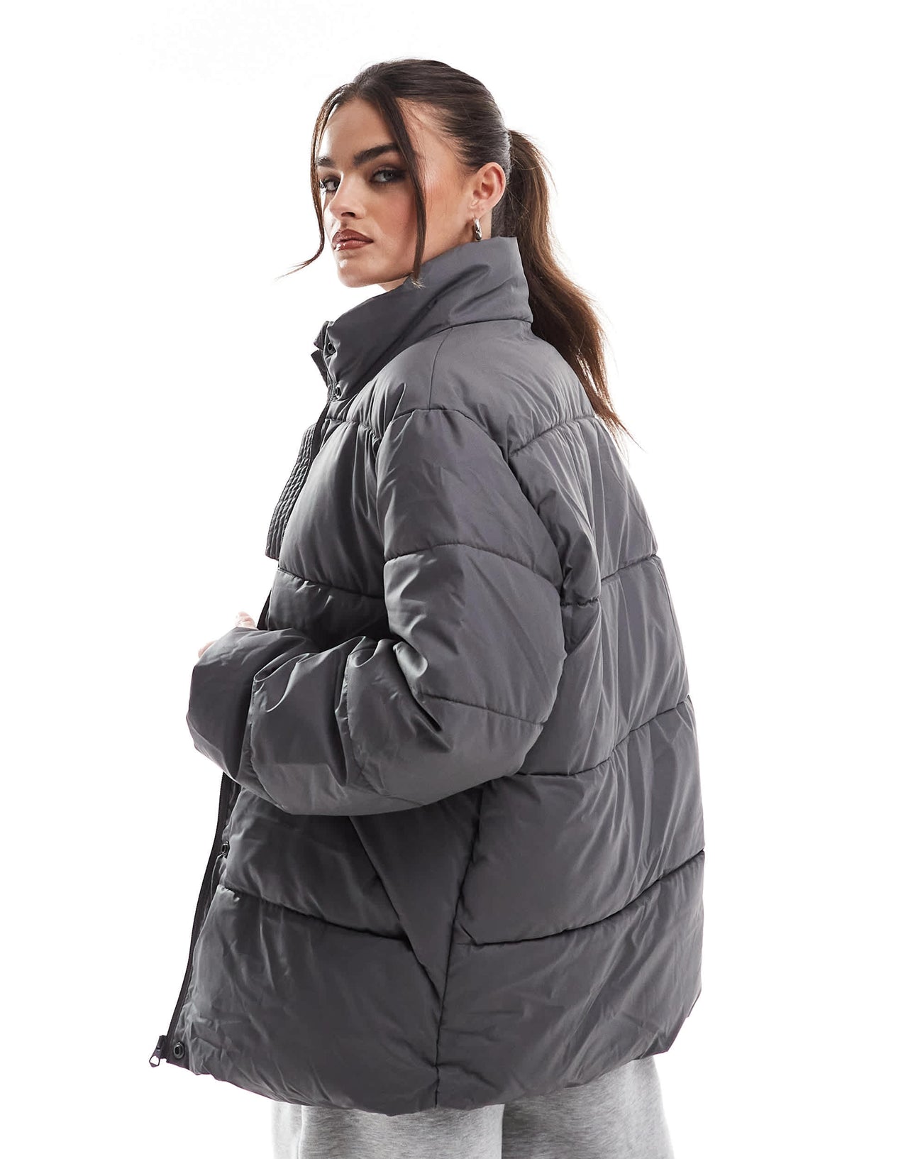 Pieces padded puffer coat with high neck in grey
