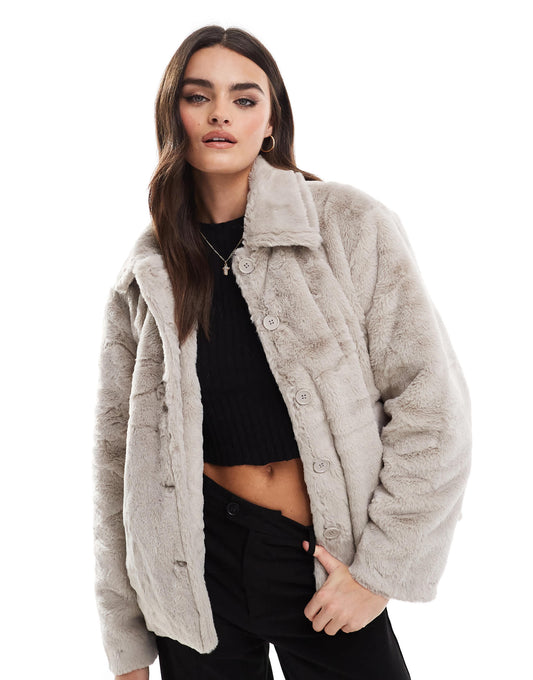 Pieces faux fur jacket in dove grey
