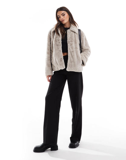 Pieces faux fur jacket in dove grey
