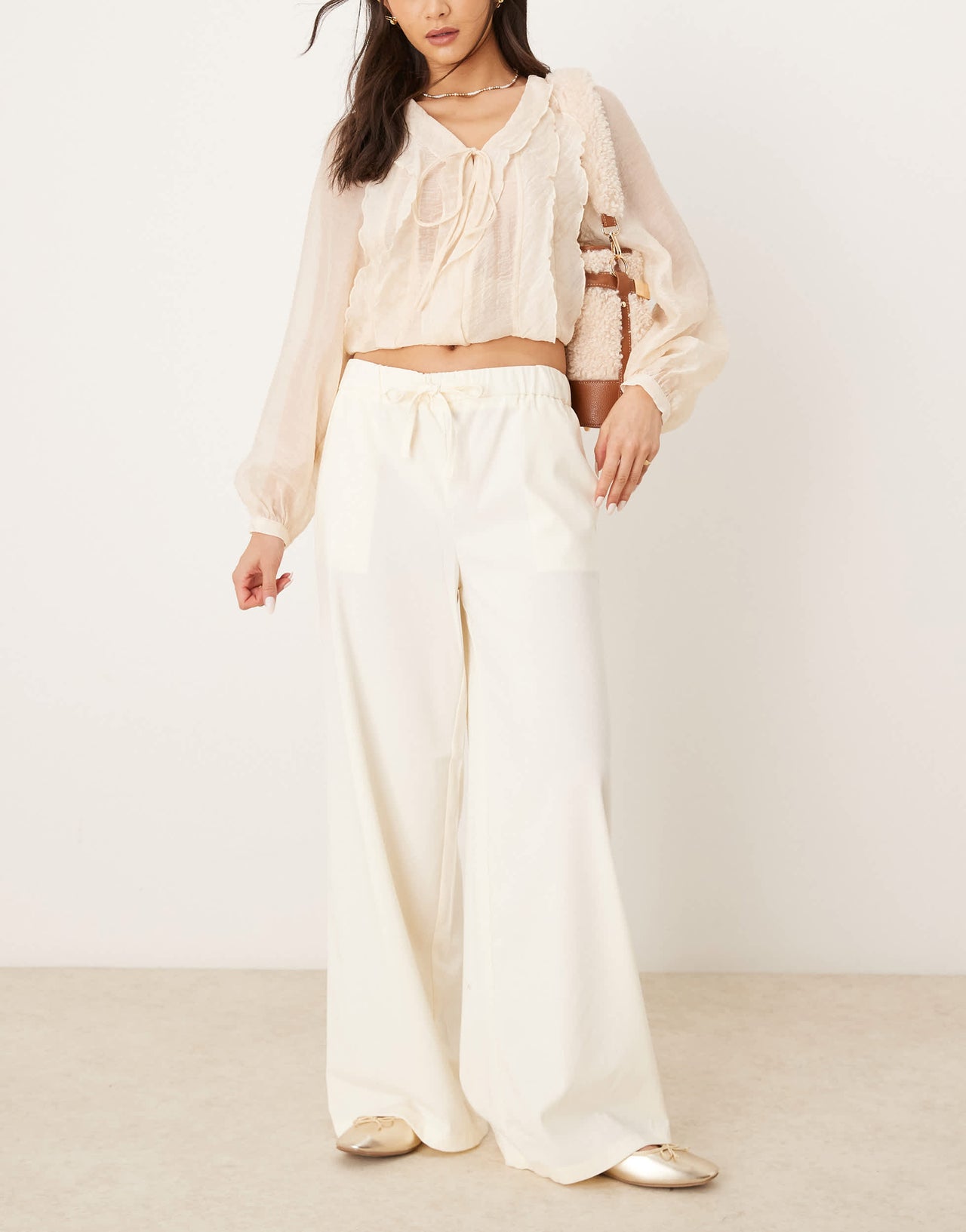 Pimkie drawstring tie waist wide leg trousers in ecru