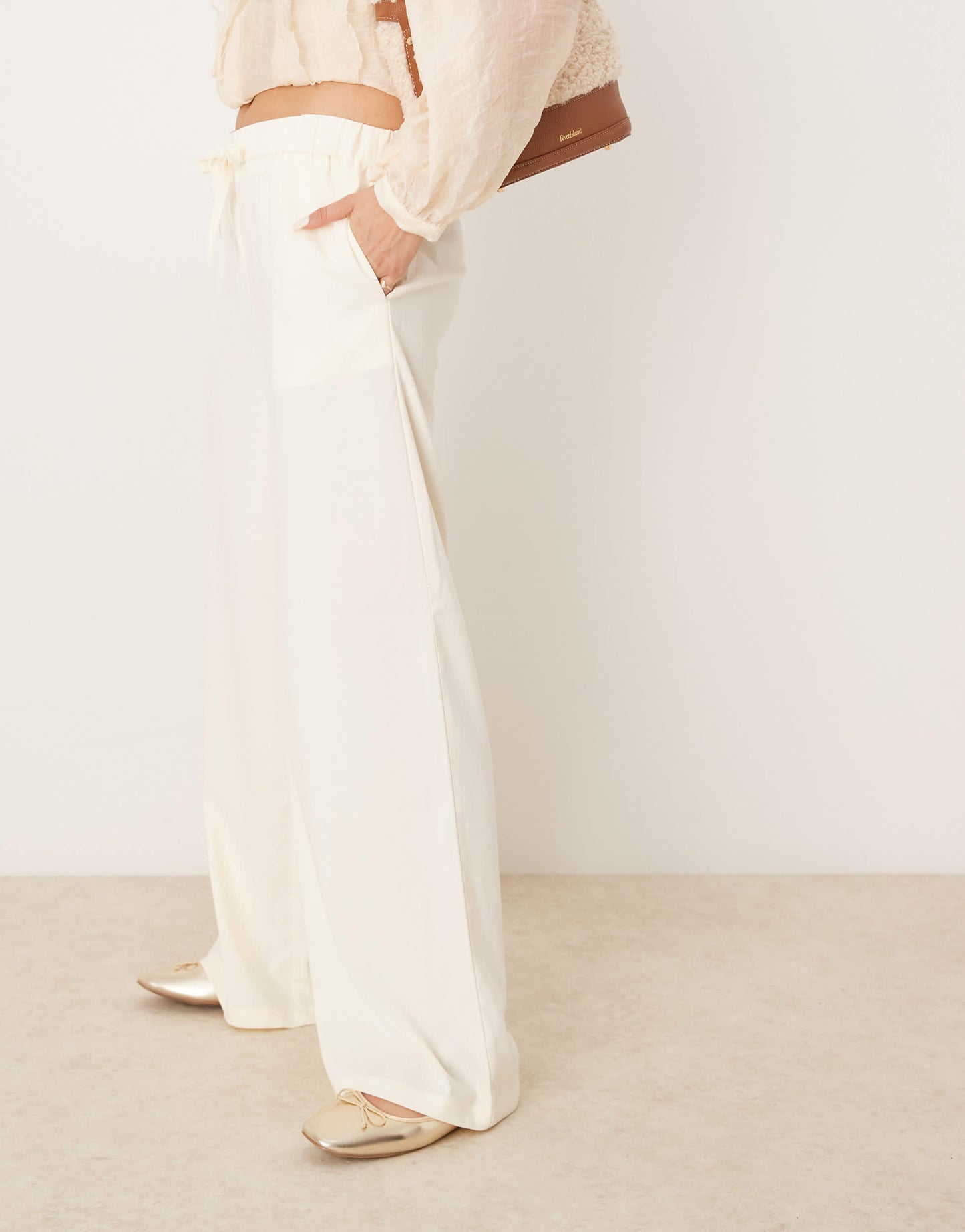 Pimkie drawstring tie waist wide leg trousers in ecru