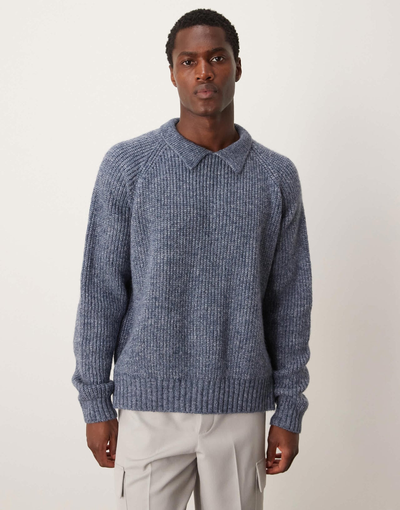 ASOS DESIGN oversized boxy fit heavyweight knitted wool mix cable jumper with collar in blue marl