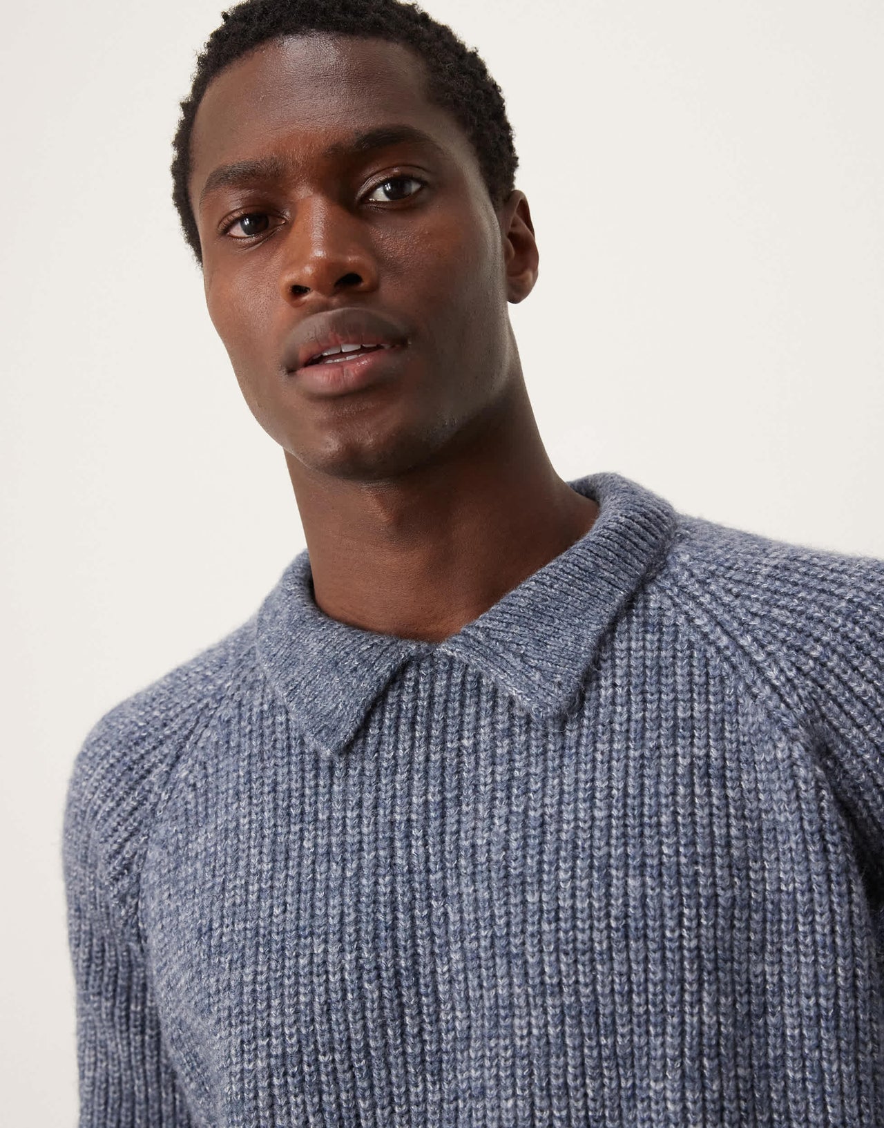 ASOS DESIGN oversized boxy fit heavyweight knitted wool mix cable jumper with collar in blue marl