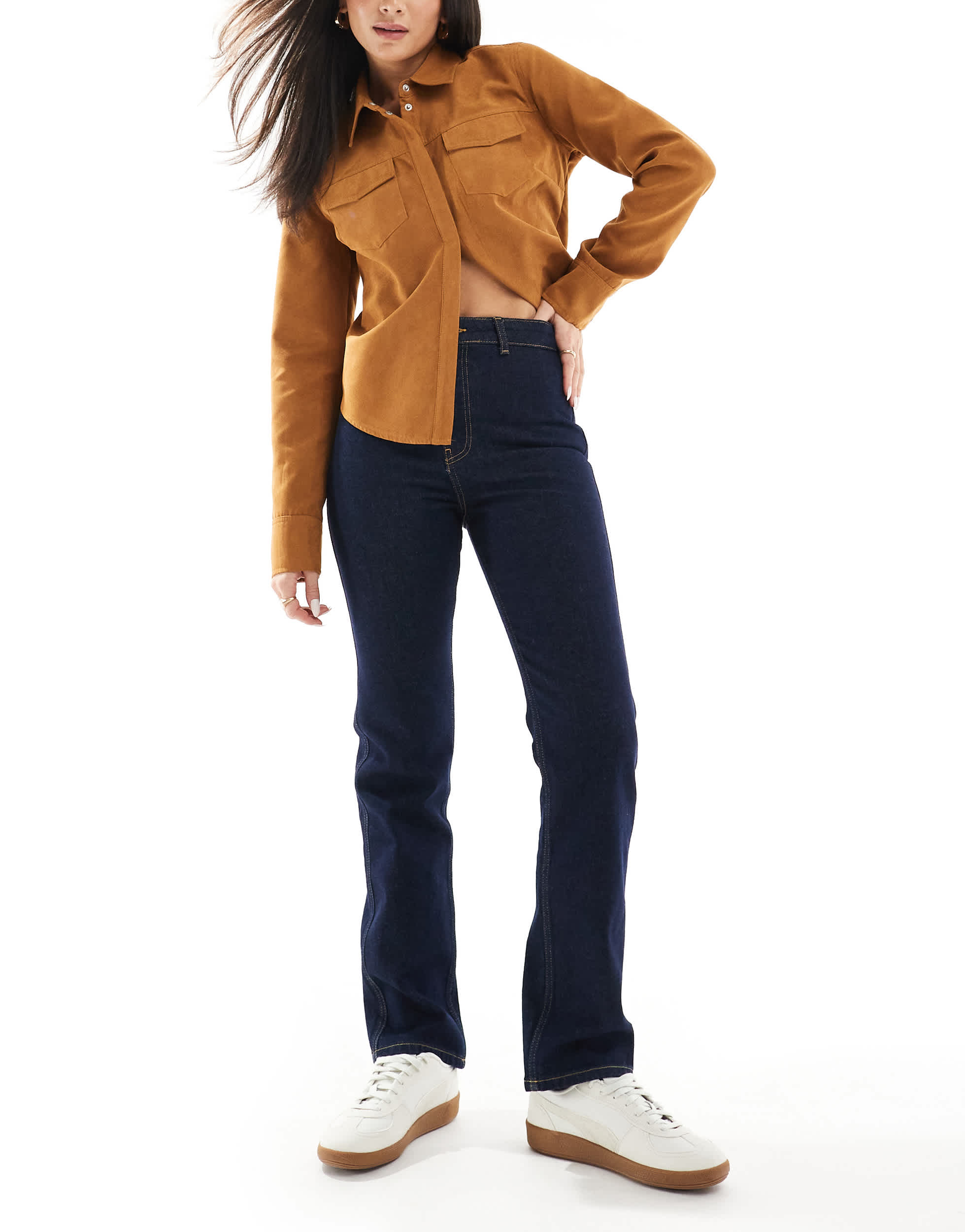 ASOS DESIGN high rise slim straight jean in inky wash with gold button detail