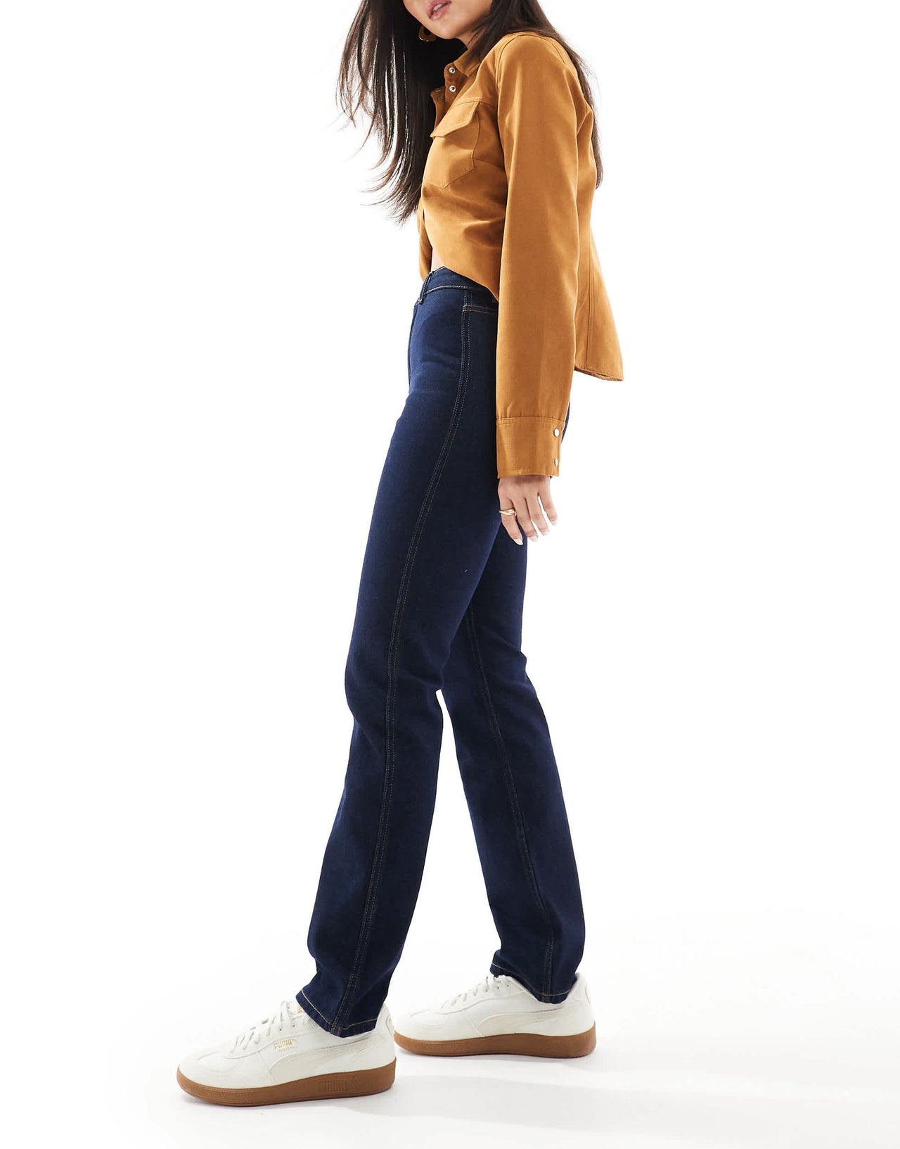 ASOS DESIGN high rise slim straight jean in inky wash with gold button detail