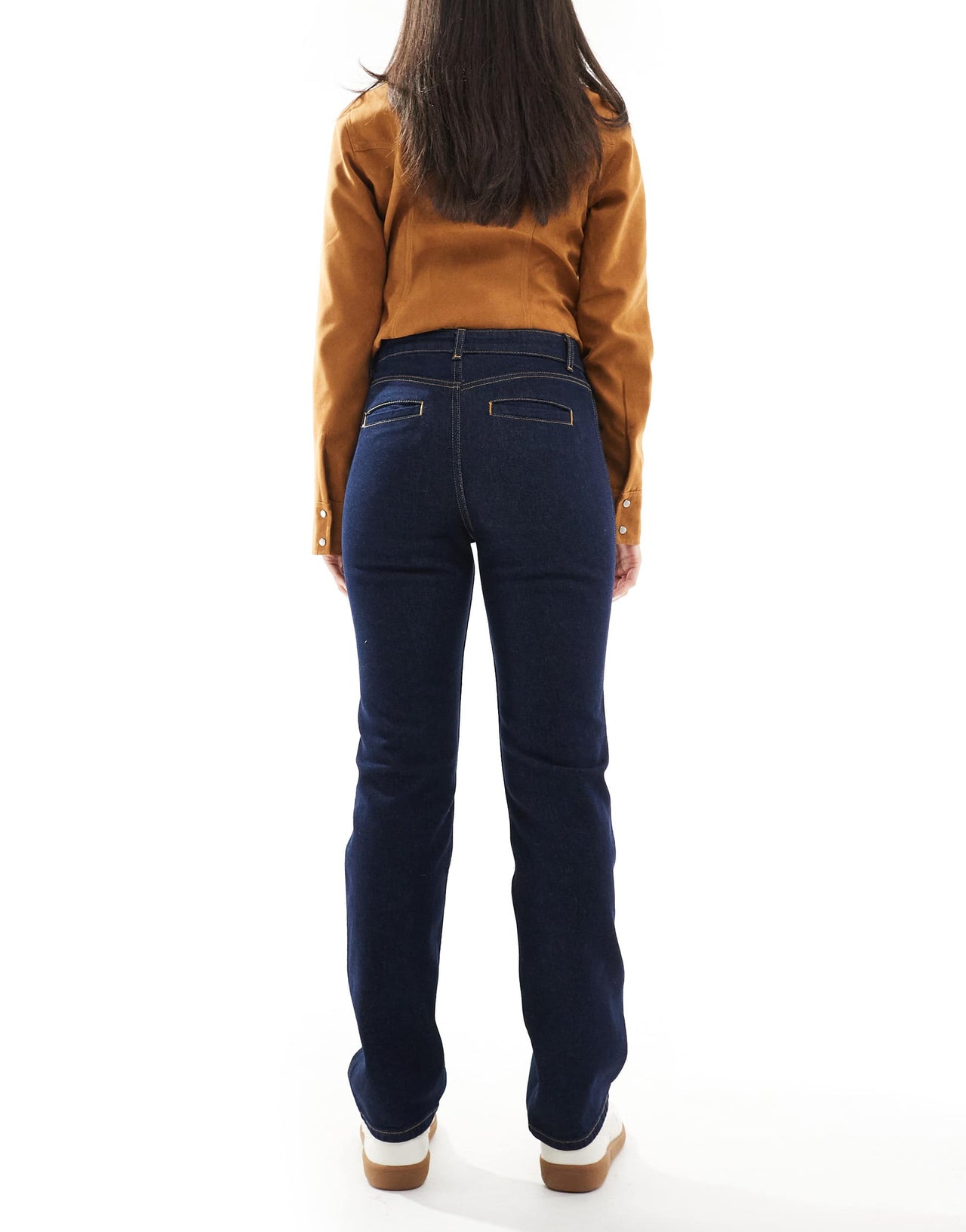 ASOS DESIGN high rise slim straight jean in inky wash with gold button detail