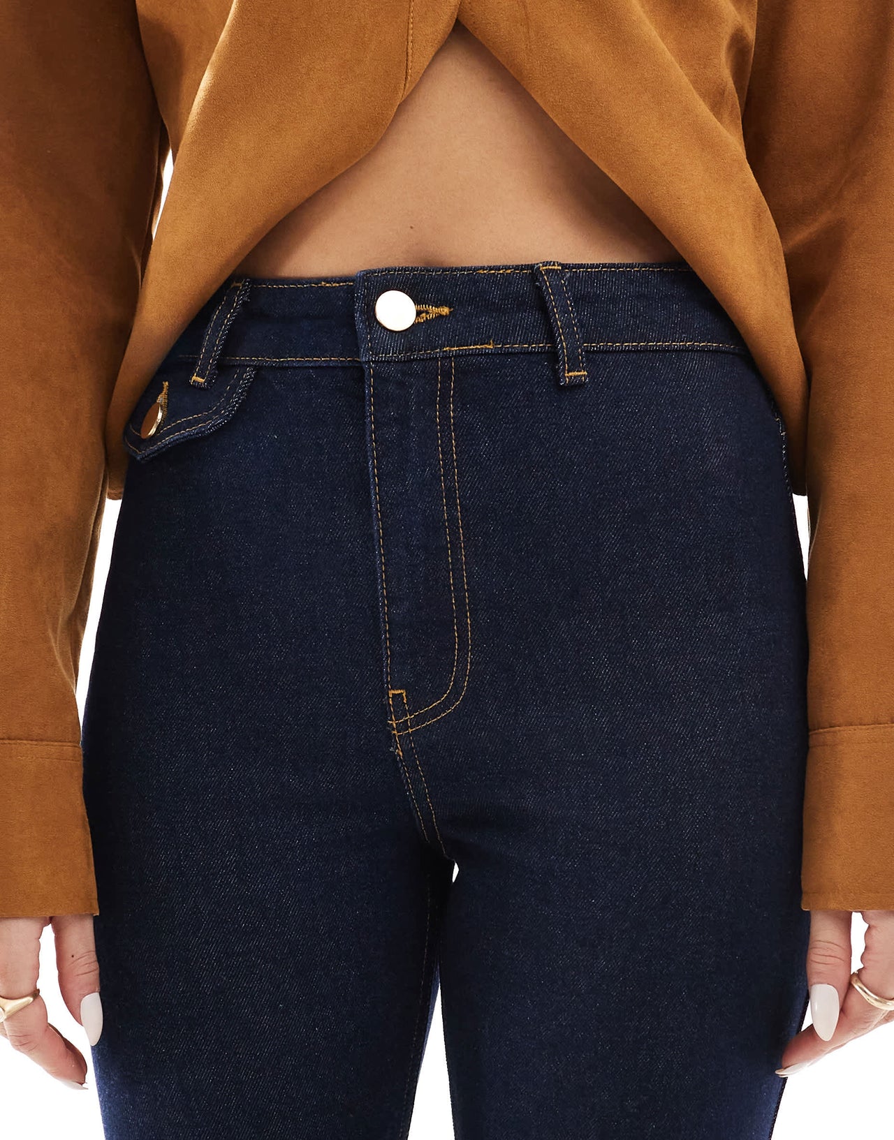 ASOS DESIGN high rise slim straight jean in inky wash with gold button detail