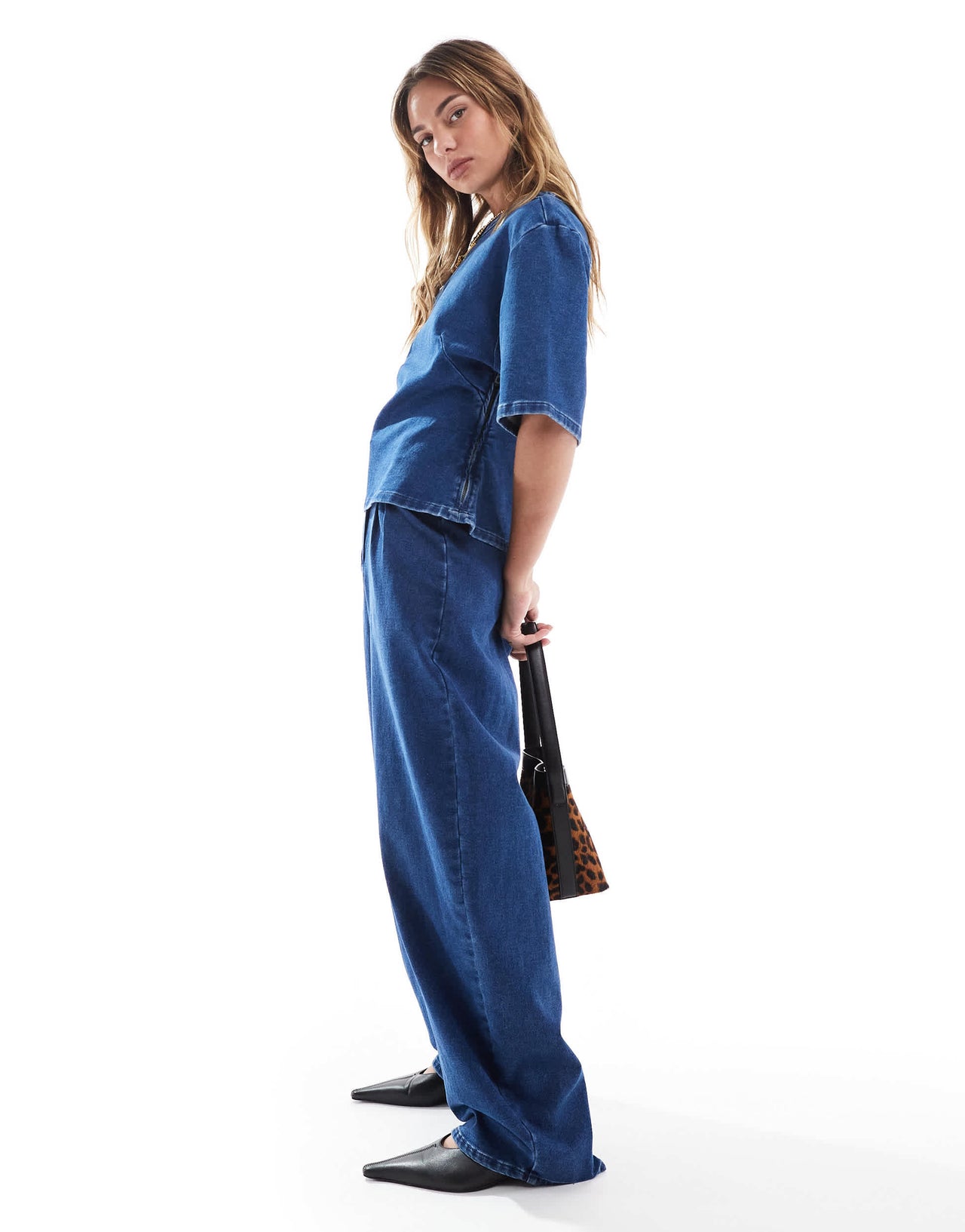 ASOS DESIGN denim jersey barrel wide leg jeans in mid blue