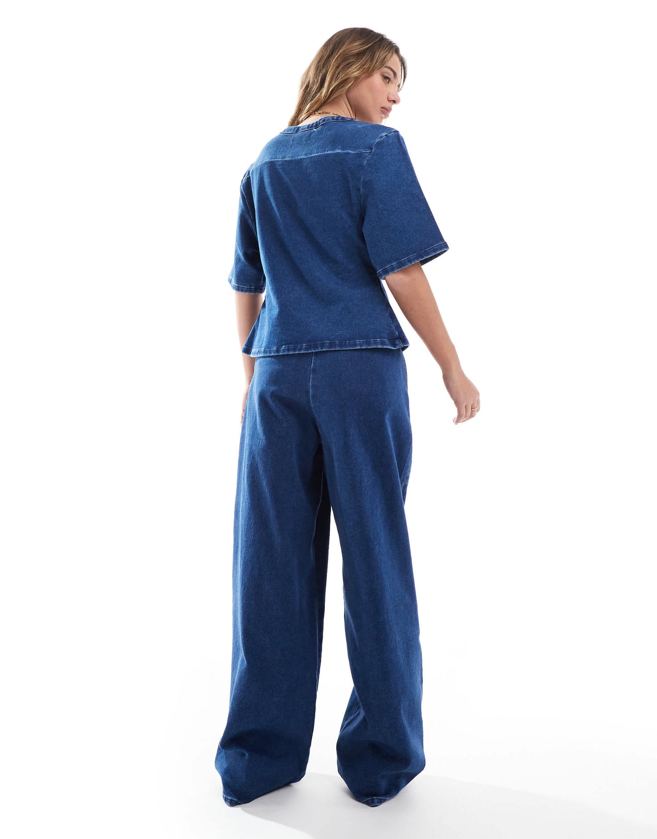 ASOS DESIGN denim jersey barrel wide leg jeans in mid blue