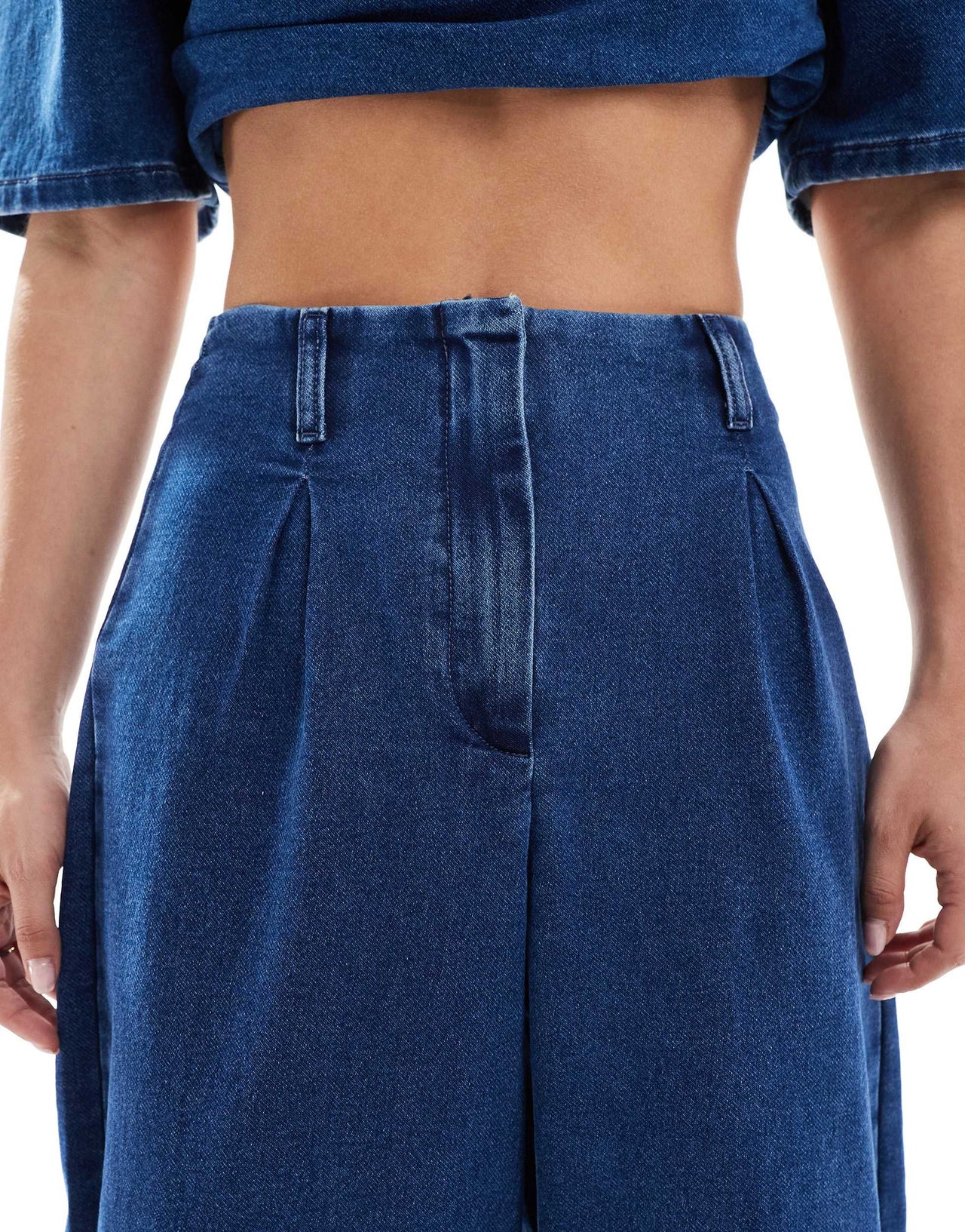 ASOS DESIGN denim jersey barrel wide leg jeans in mid blue